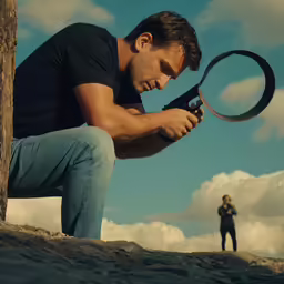 man looking down at hand held gun with photographer standing in the background