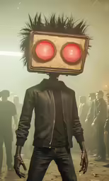 a man in a black jacket and red eyeballs