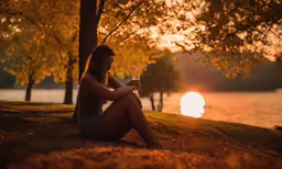 a girl sitting by the lake at sunset