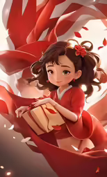 a girl with a red dress and big bow holding a box