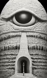 an eye is over a building that has a man in it
