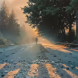 someone riding their bike down a deserted road
