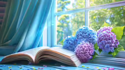 an open book, two blue and purple flowers, and green leaves are in front of a window,an open book with flowers on it sitting on the window sill