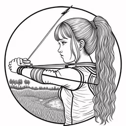 a girl with long hair and a bow in her hands,a girl holding a bow in her hands with long hair,girl archer with an arrow aiming at the target on a field,a girl aiming her bow with the background of a landscape,a girl is holding a bow and arrow