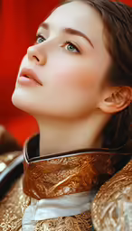 a woman with short hair and light blue eyes