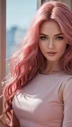 a woman with long pink hair looking into the camera