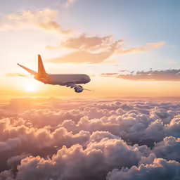 an airplane in the air and clouds during sunset