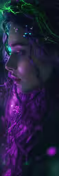 a digital painting of a young woman with frecky hair,woman with long hair and purple light reflecting off of her face