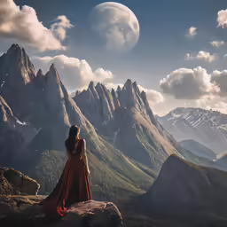 a woman sitting on top of a cliff next to mountains
