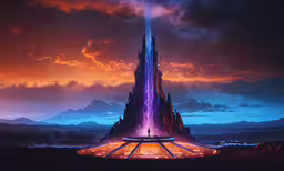 a tower in the air with a city at night,a futuristic building that has a huge tower and a neon fountain