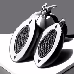 the design is inspired by 3d printing, as it shows two speakers and one headphone