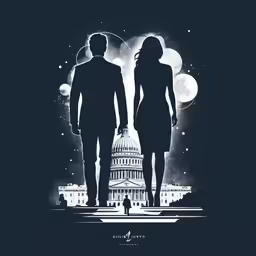 the back of a couple silhouetted against an american flag and capitol building