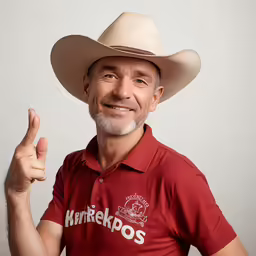 a man in a red shirt wearing a cowboy hat