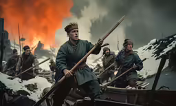a man is holding a spear with a lot of people behind him