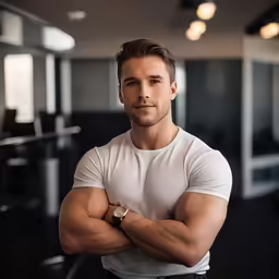 a man in a white t - shirt standing with his arms crossed