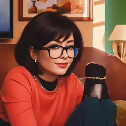 a woman with glasses and a chain