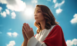 a young woman in robes standing with hands together