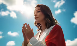 a woman standing in front of the sky with her hand clasped