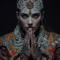 woman with dark make - up and jewelry looks at the camera