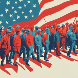 two men with hats and red and blue uniforms in front of an american flag