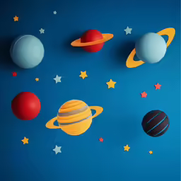 wall art depicting an assortment of different planets on a blue surface