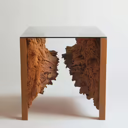 a glass table with wooden material as its top and base