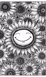 a drawing of a smile face and sunflowers with black lines