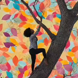 a young woman hanging from the top of a tree
