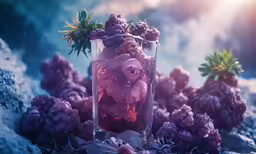 glass with fruit inside on a pile of rocks