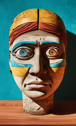a face mask has a painted mustache and two yellow eyes