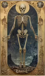 a skeletal skeleton standing in front of a backdrop