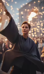 a woman wearing a dark robe stands in the middle of a street with lights