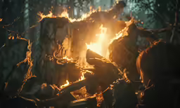 group of people standing around a fire pit in a forest