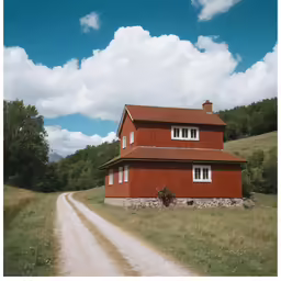 a red house on the side of a dirt road