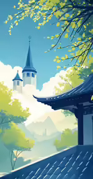 a painting of an asian village with trees and mountains