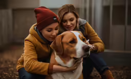 two women hugging their dogs face to face