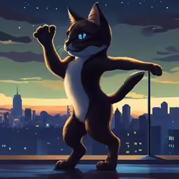 a cat is dancing on a rooftop at night