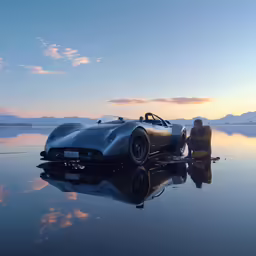 a car that is sitting on a body of water