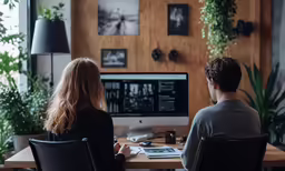 two people sitting at a desk using a computer