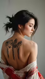 a girl with tattoos on her back standing in a studio