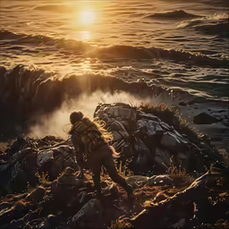 man walking along rocky area near ocean with sun behind