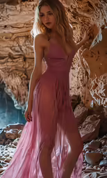 a woman standing in front of a rocky cave