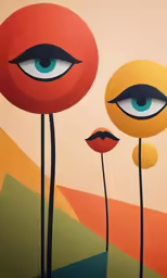 an abstract painting shows eyeballs and flowers