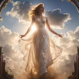 a beautiful woman is walking through the sky