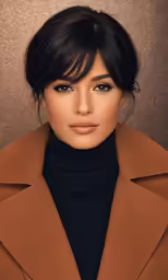 a woman with bangs wearing a camel coat