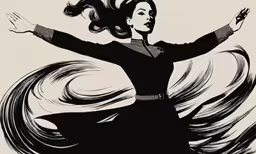 a woman in a long dress with her hair flying