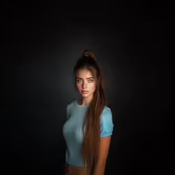a woman with very long hair and blue shirt,a woman with long hair standing in the dark