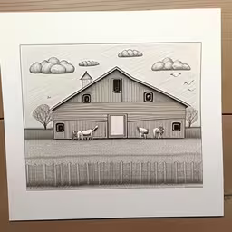 there is a drawing of a barn on a desk,an image of a drawing of a house in the woods