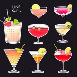 a collection of cocktails painted with different color,there are many different glasses with drinks in them
