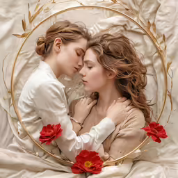 there are two women that are cuddling in this photo